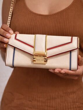 Michael Kors White Leather Clutch with Multicolor Trim Authentic